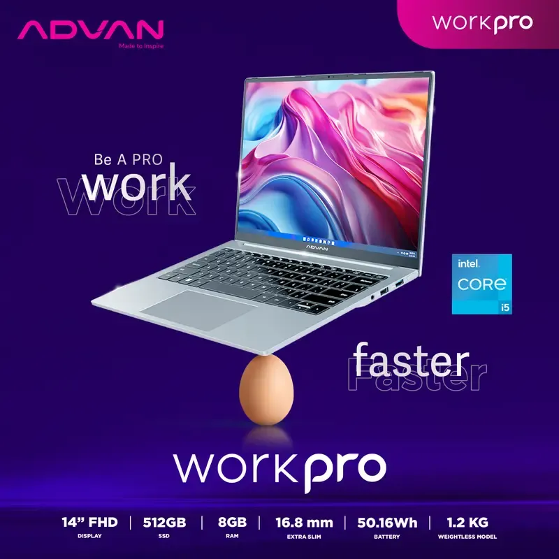 ADVAN Workpro Intel Core i5-12450H 14" FHD IPS 8GB/512GB Free Windows 11 Upgradeable